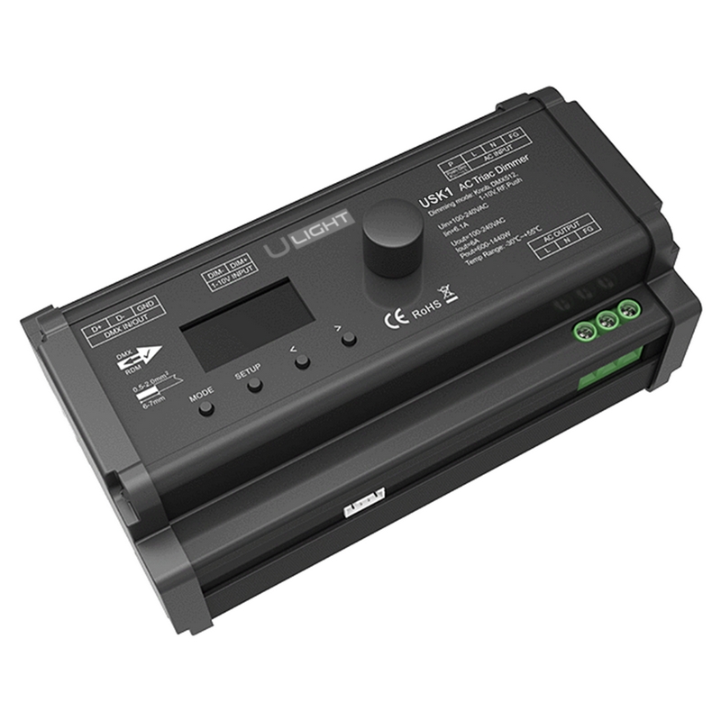 Usmart USK1 ������������� Triac ����� 230� �� DIN-����� Push-Dim, 0/1�10 �, DMX512, RF 2.4G