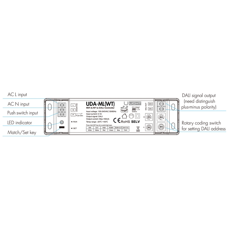 Usmart UDA-ML(WT) - WiFi+RF+Push Конвертер в сигнал DALI, DIM, MIX, RGB, RGBW, RGB+CCT